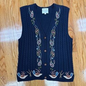 Vintage Susan Bristol Navy V-Neck Sweater Vest with Duck & Paisley Embroidery